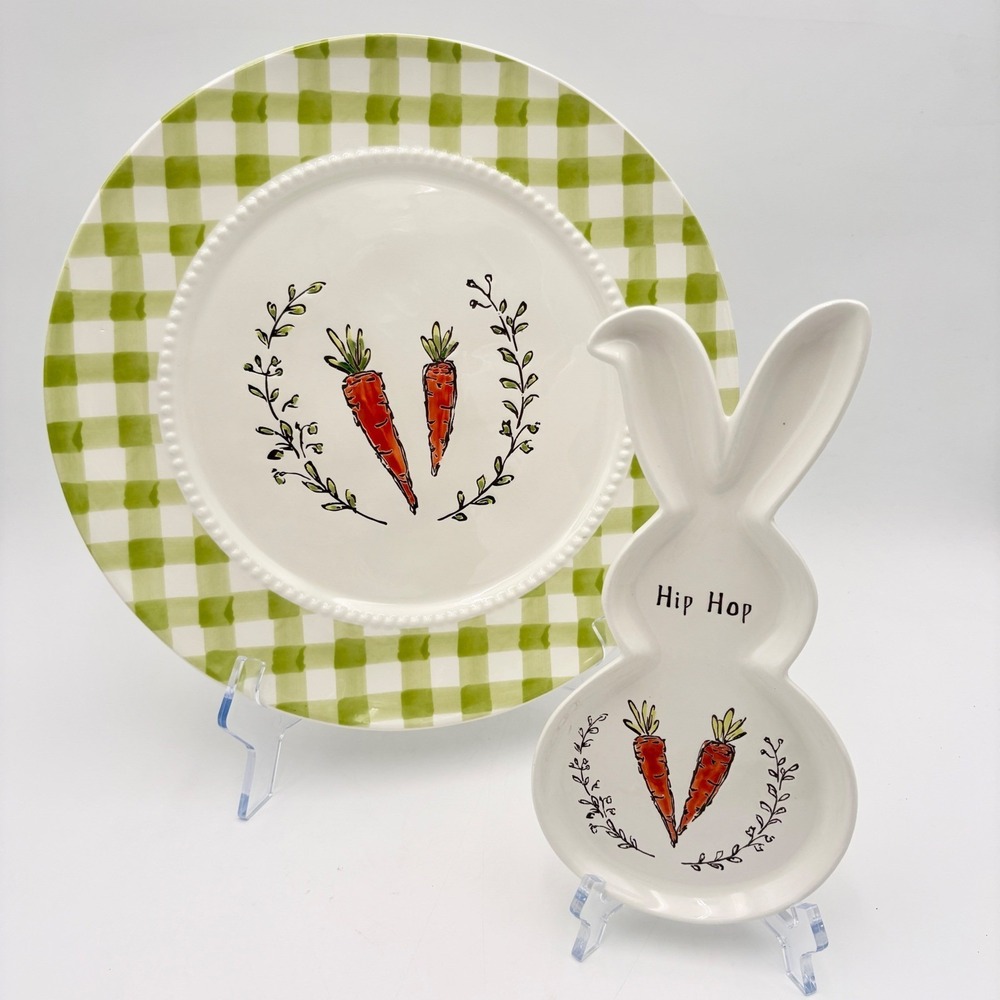 Potters Studio Easter Bunny Carrot Plate Set Green Gingham Bunny Dish Hip Hop